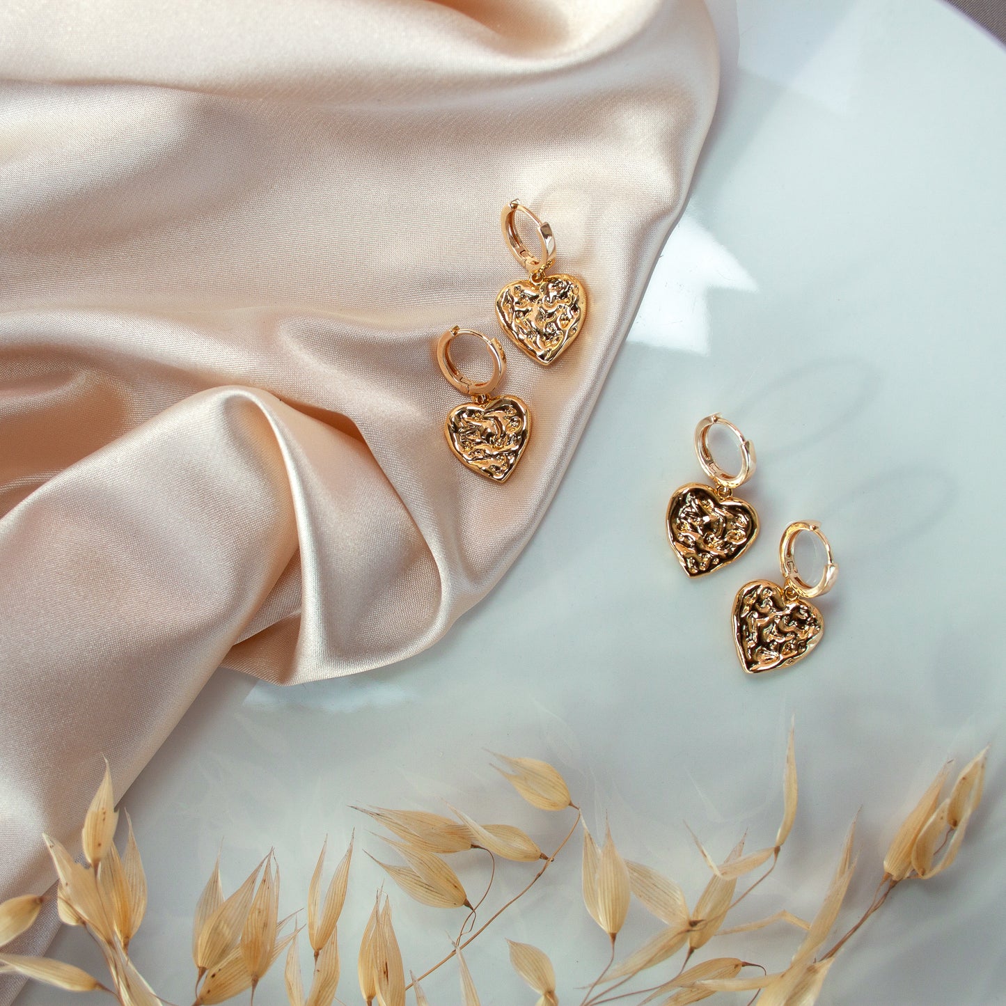 Gold textured heart hoop earrings