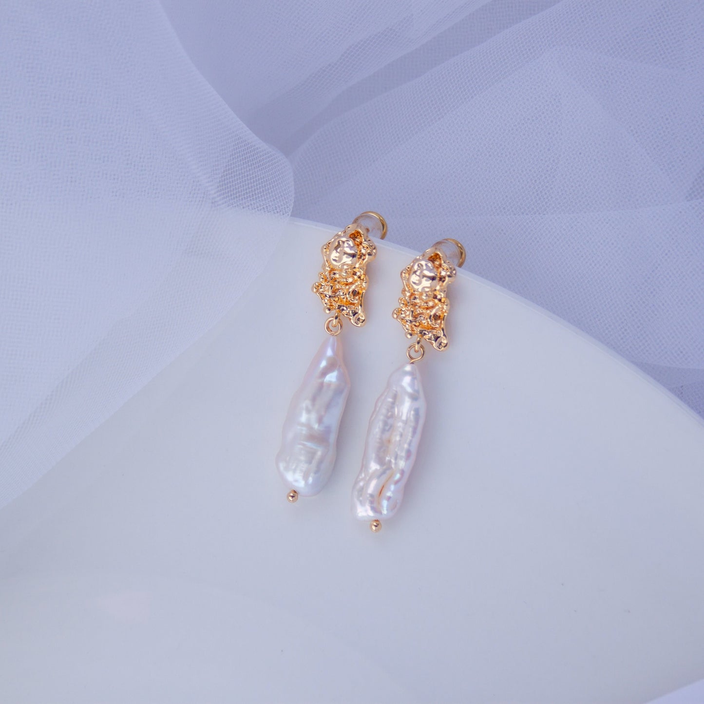 Large baroque freshwater pearl drop earrings with gold details