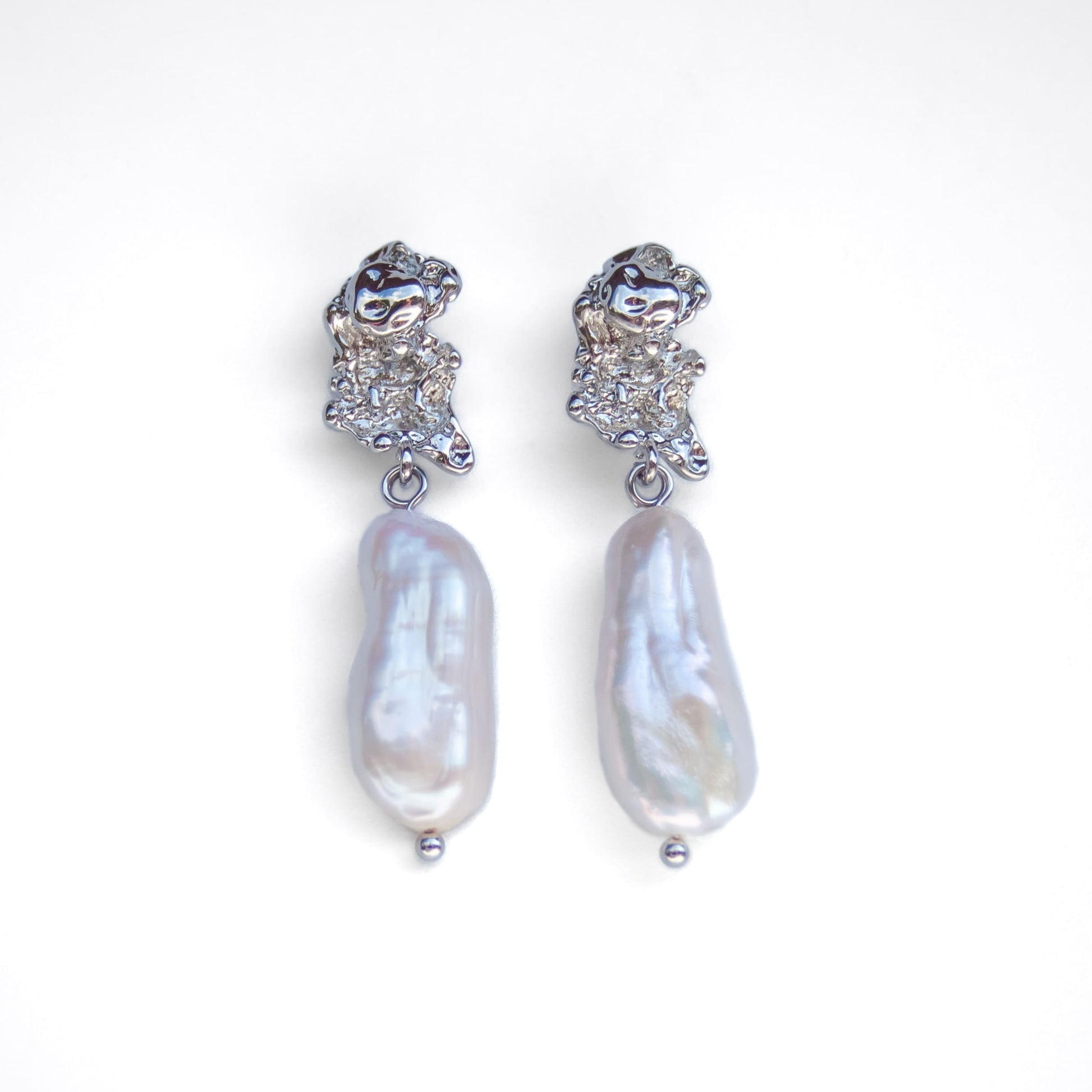 Baroque pearl drop earrings with sculpted silver-tone metal – chunky large freshwater pearls, elegant wedding jewelry