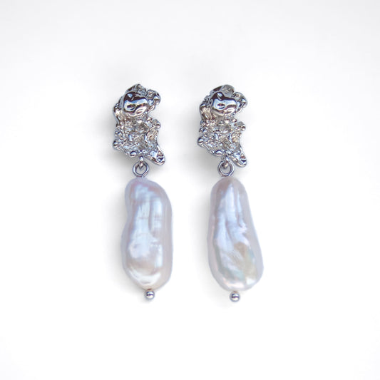 Baroque pearl drop earrings with sculpted silver-tone metal – chunky large freshwater pearls, elegant wedding jewelry