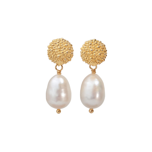 Gold textured pearl earrings