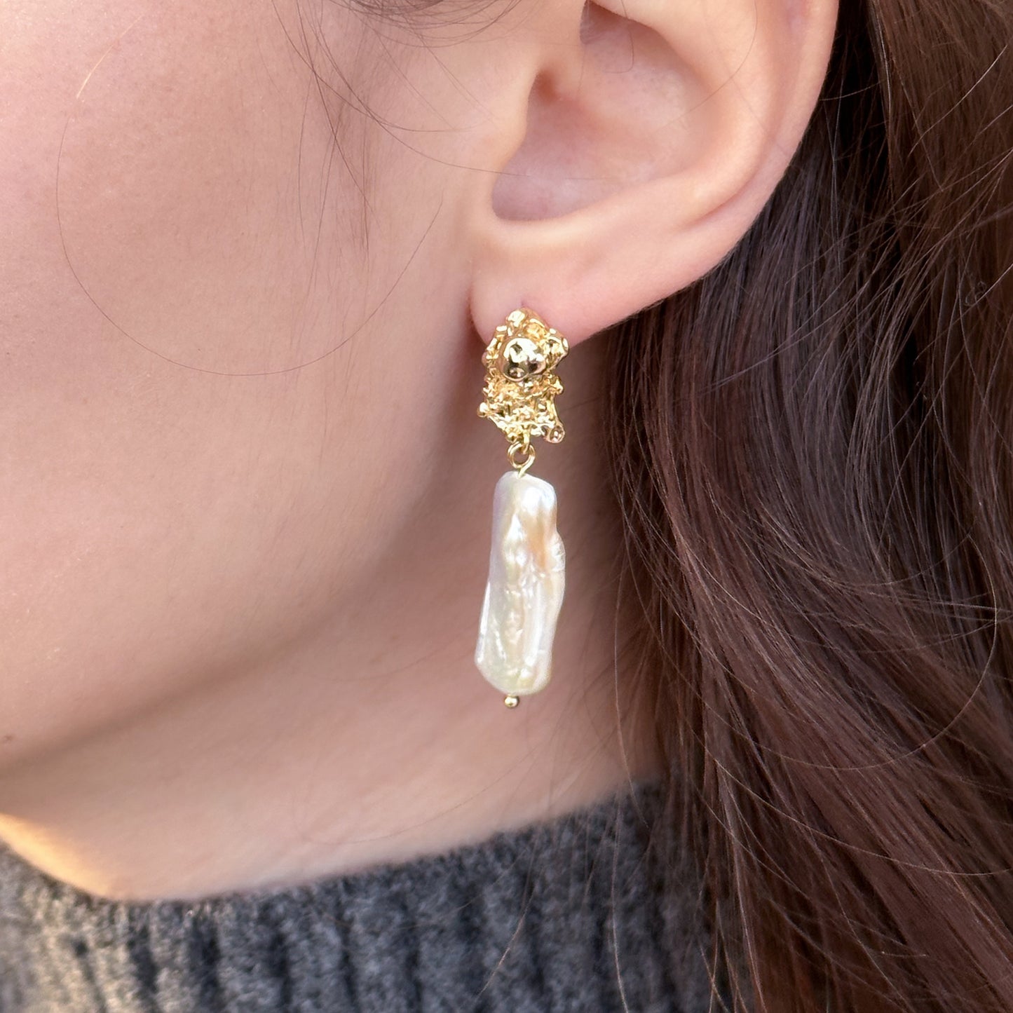 Large baroque freshwater pearl drop earrings with gold details