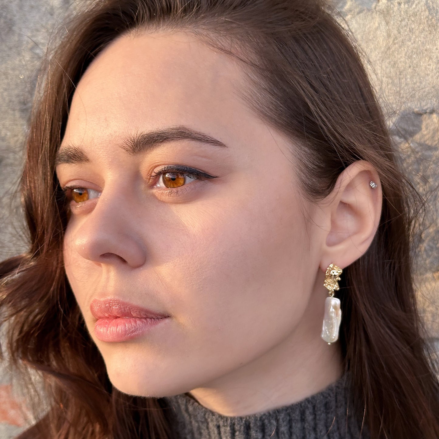 Large baroque freshwater pearl drop earrings with gold details