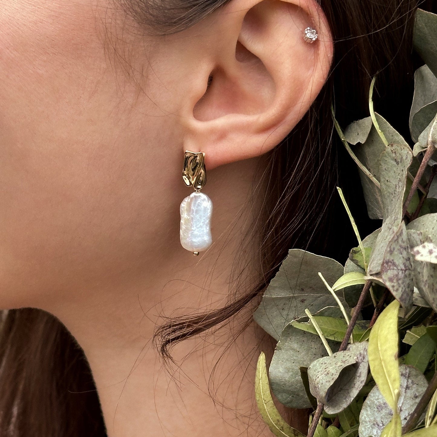 Gold baroque pearl drop earrings