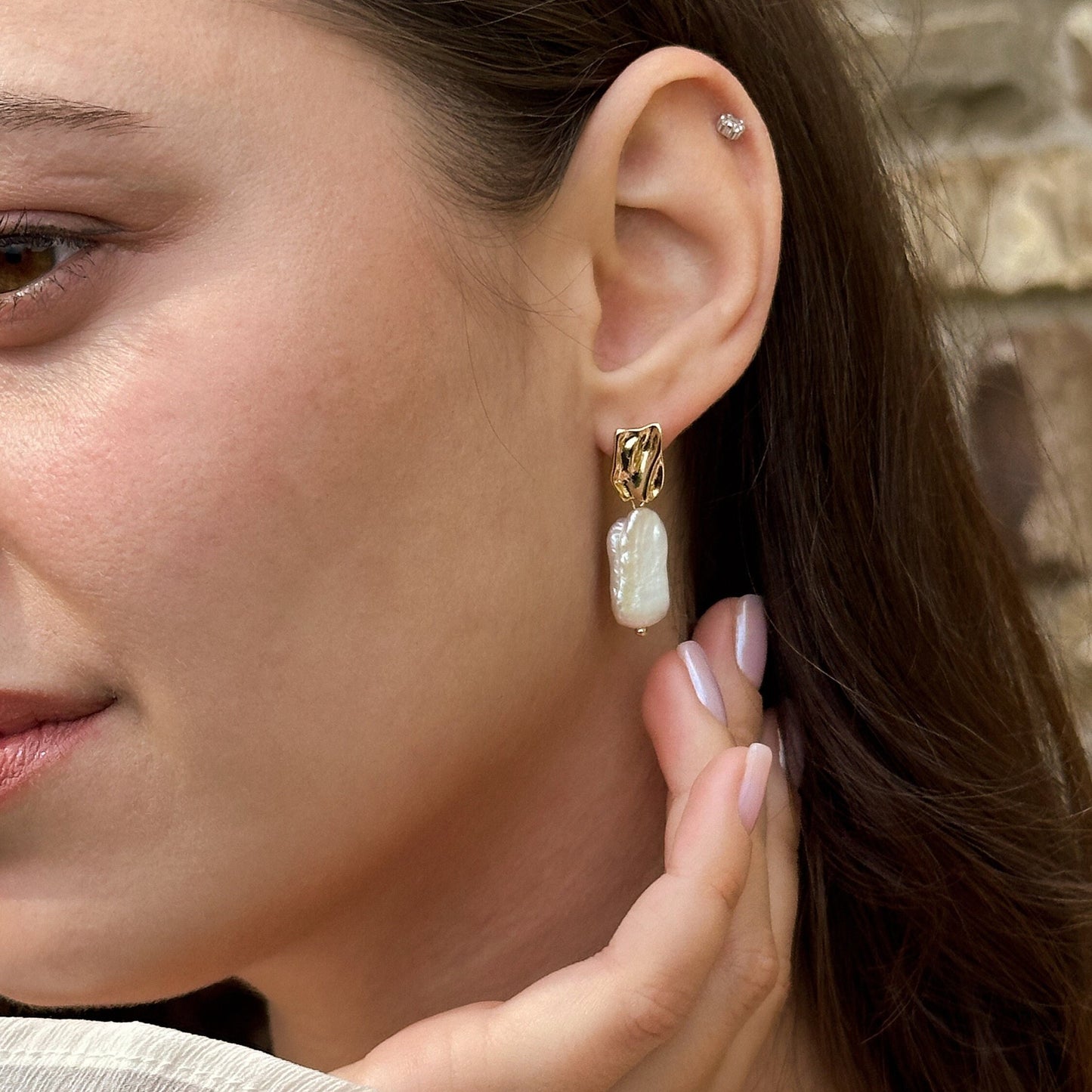 Gold baroque pearl drop earrings