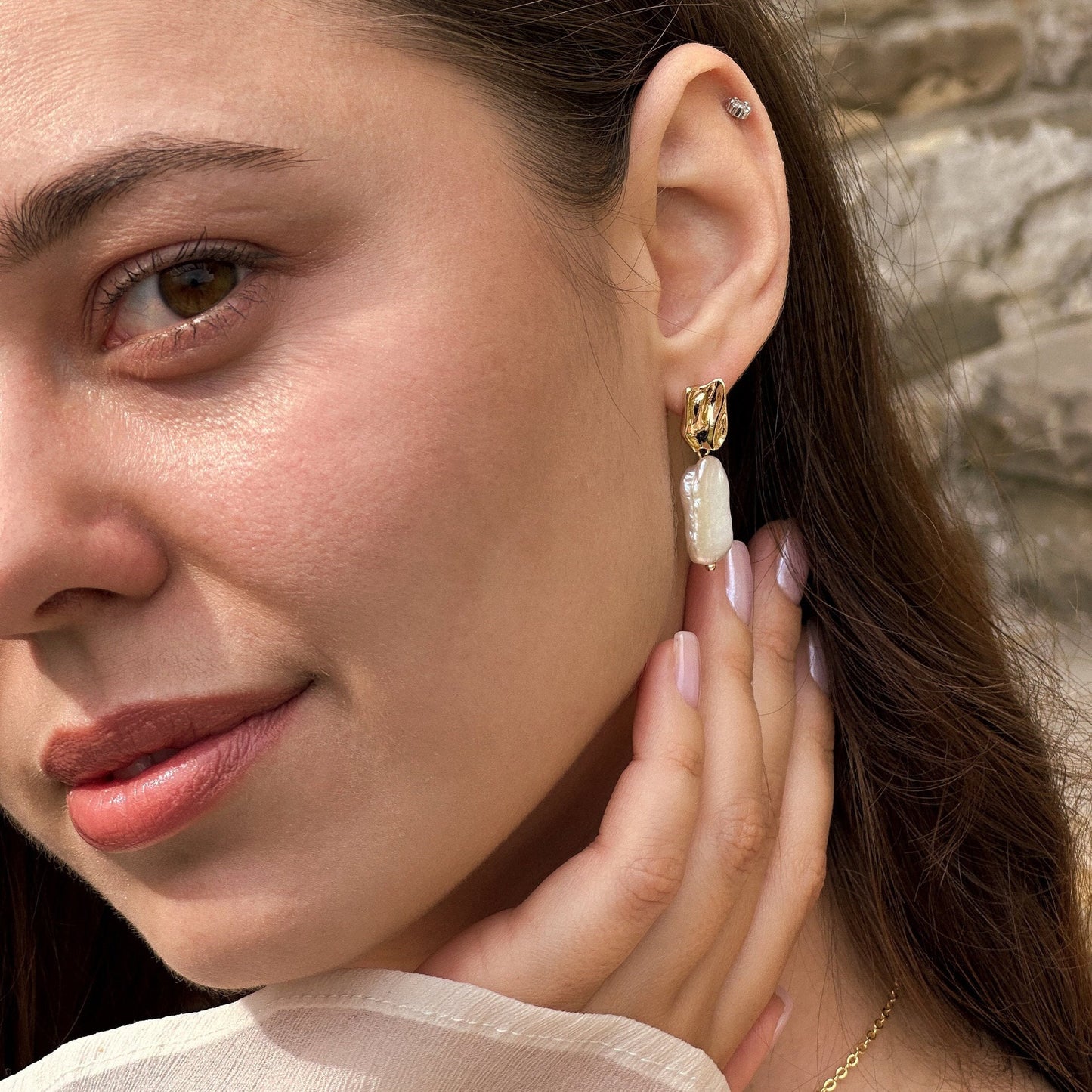 Gold baroque pearl drop earrings