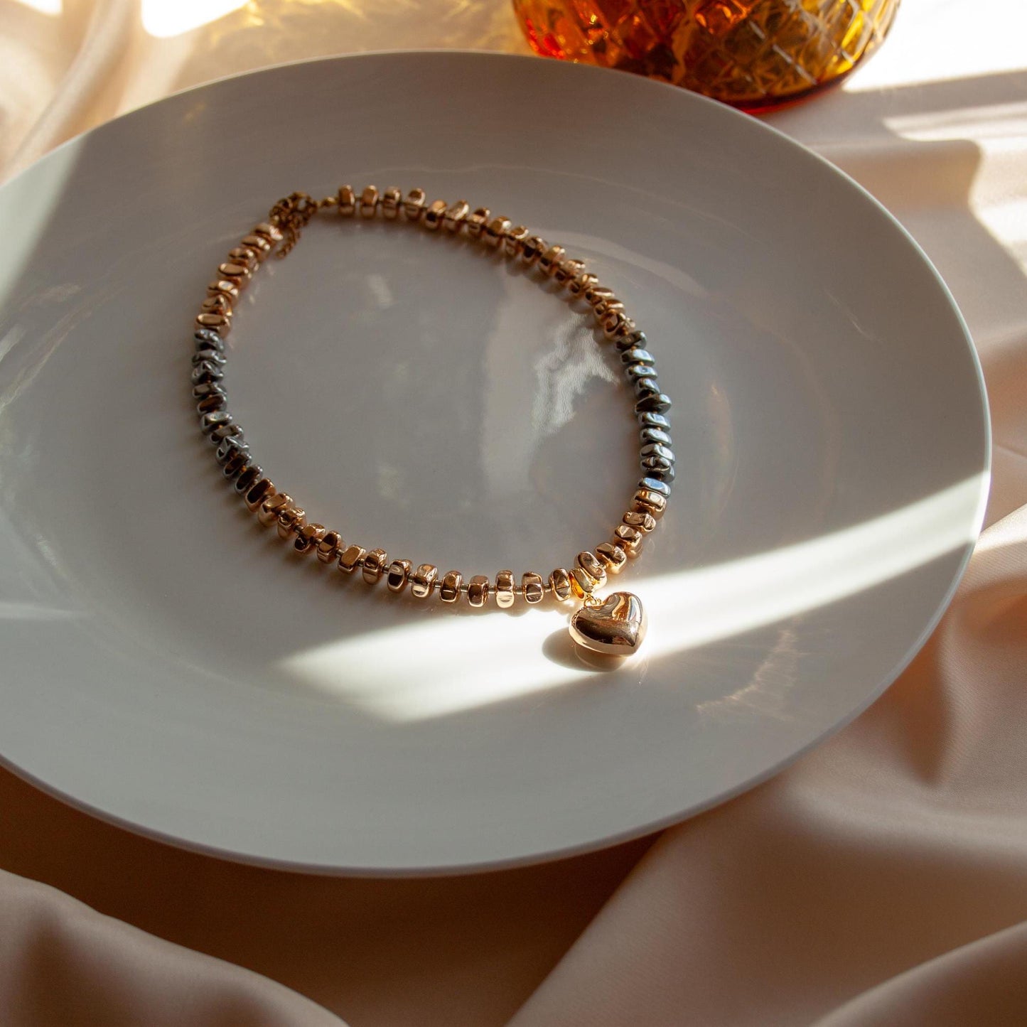 Puffed heart chrome necklace