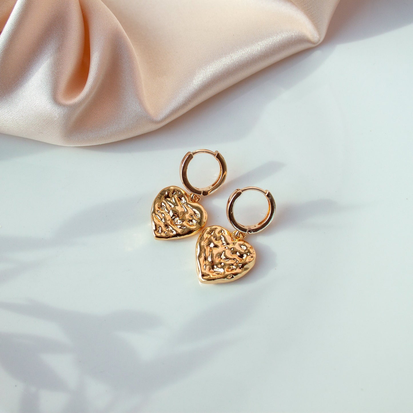 18K Gold Plated Heart Earrings | Dangle Huggie Hoops, Textured Hammered Heart Jewelry, Christmas Gift for Sister