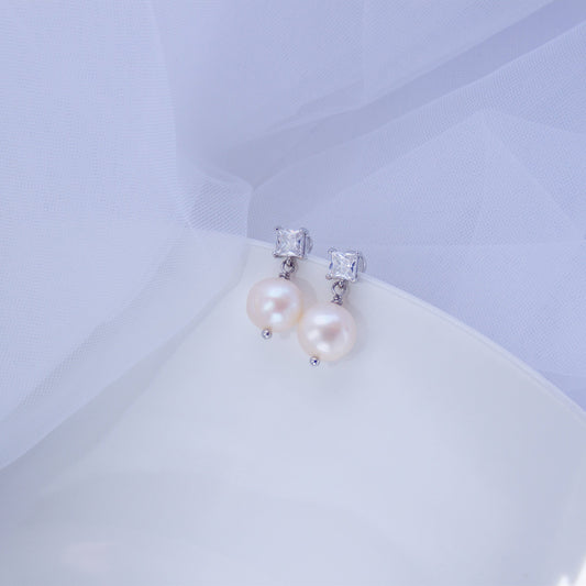 Minimalist Freshwater Pearl Dangle Earrings – CZ Diamond Bridal Jewelry, Elegant Pearl Studs, Gift for Her