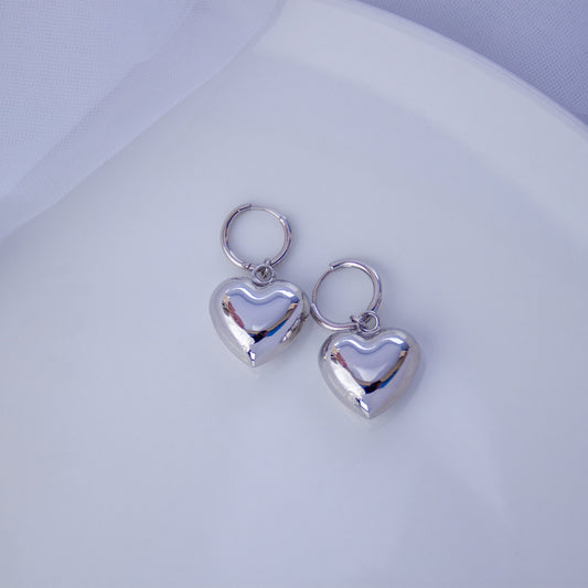 Silver Puffy Heart Earrings – Bubble Heart Dangle Hoops, Perfect Y2K-Inspired Gift