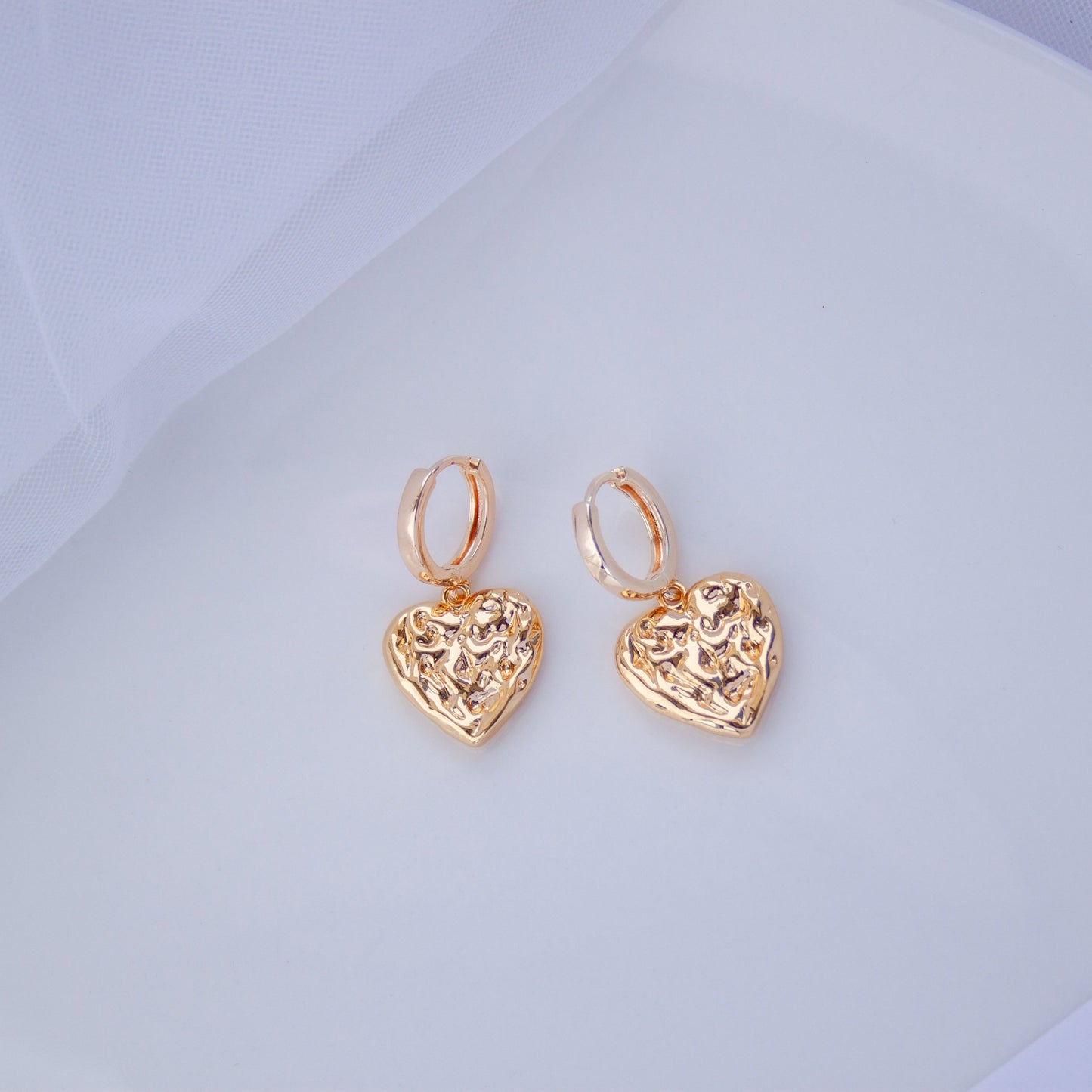 18K Gold Plated Heart Earrings | Dangle Huggie Hoops, Textured Hammered Heart Jewelry, Christmas Gift for Sister