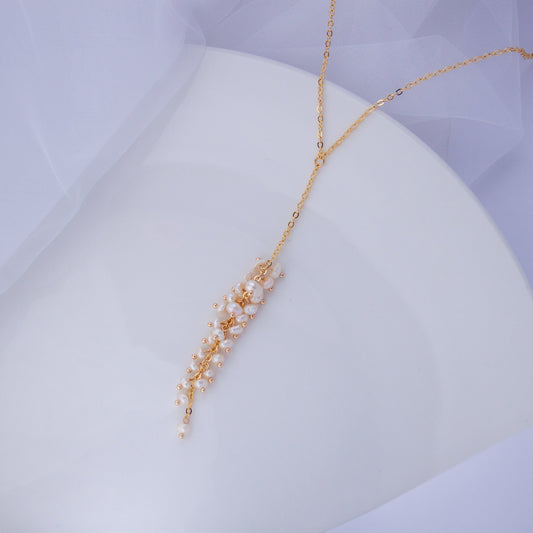 Long Pearl Cluster Lariat Necklace – Dainty Y Necklace, Elegant Bridal Jewelry, Tassel Pearl Christmas Gift