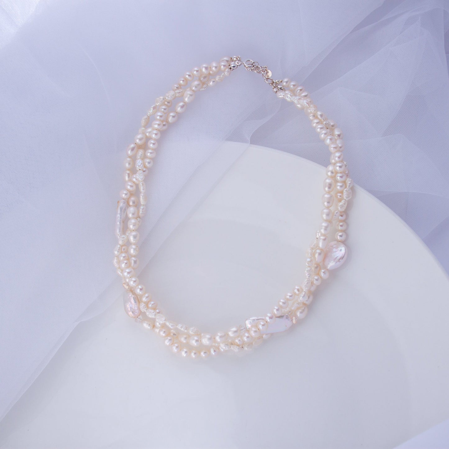 Triple Strand Baroque Pearl Necklace – Chunky Freshwater Pearl Statement Choker, Braided Pearl Wedding Jewelry