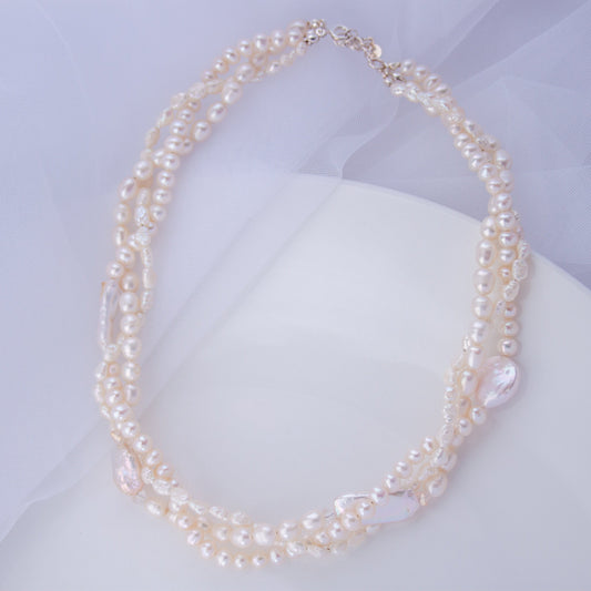 Triple Strand Baroque Pearl Necklace – Chunky Freshwater Pearl Statement Choker, Braided Pearl Wedding Jewelry