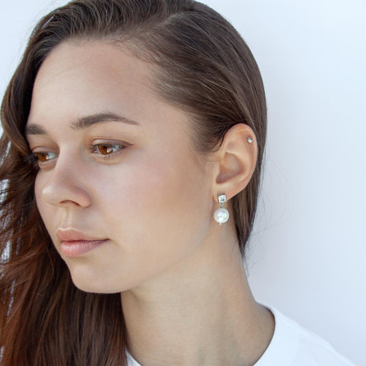 Freshwater Pearl Drop Earrings with CZ Accent – Minimalist Gift