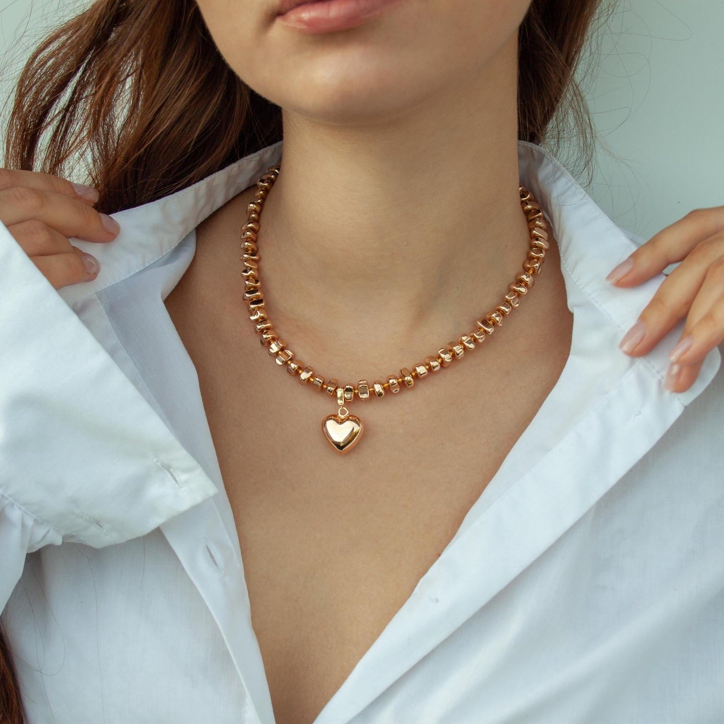 Chrome charm necklaces with chunky heart, Mixed metal jewelry, Puffed heart choker, Birthday gift, Christmas gift