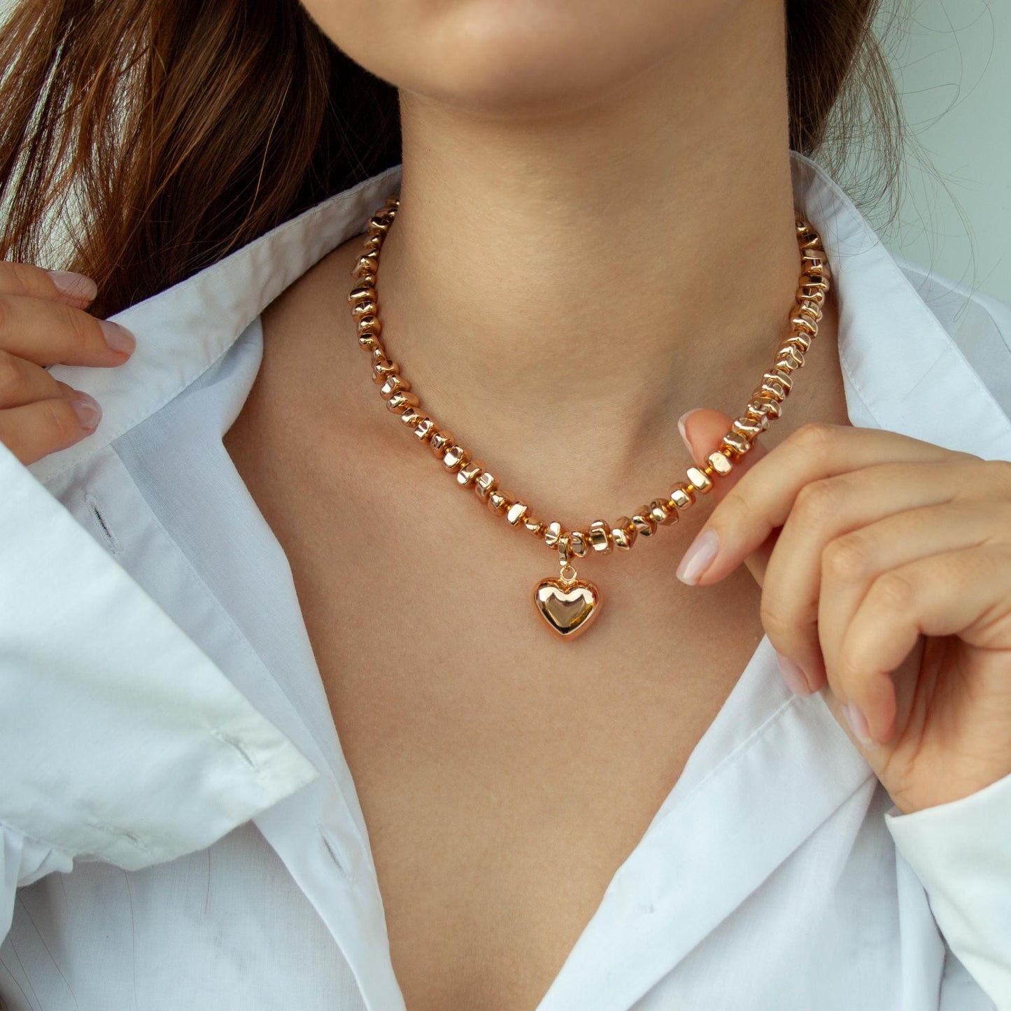 Chrome charm necklaces with chunky heart, Mixed metal jewelry, Puffed heart choker, Birthday gift, Christmas gift