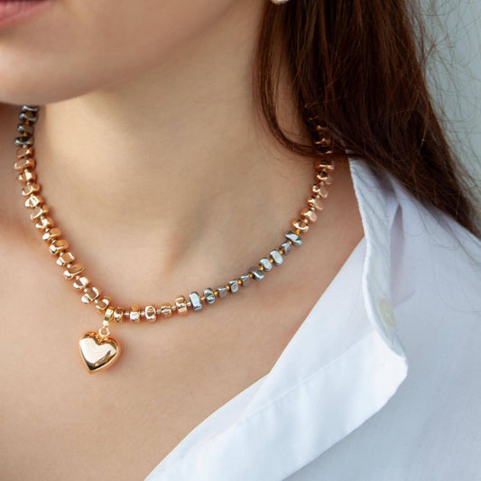 Chrome charm necklaces with chunky heart, Mixed metal jewelry, Puffed heart choker, Birthday gift, Christmas gift