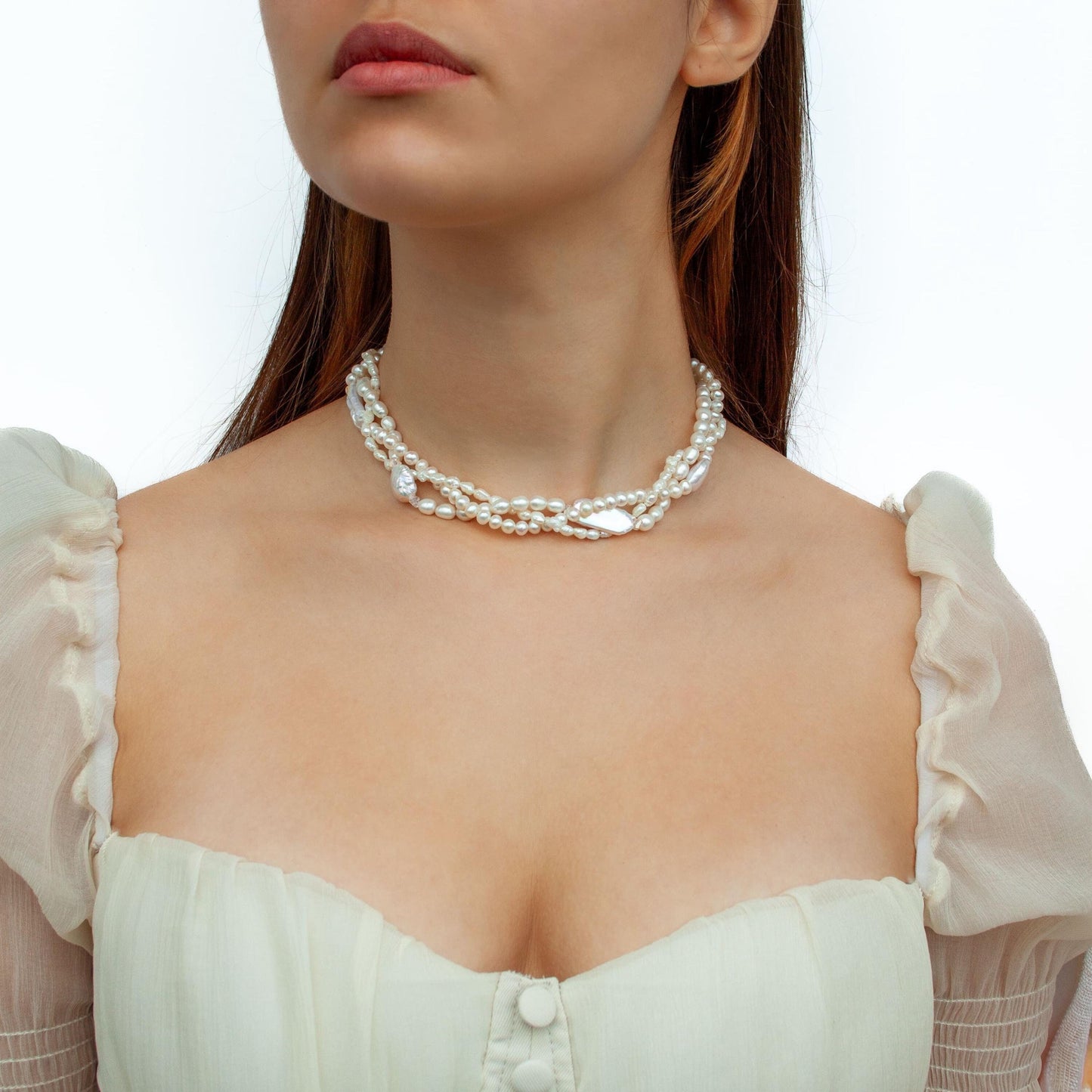 Triple Strand Baroque Pearl Necklace – Chunky Freshwater Pearl Statement Choker, Braided Pearl Wedding Jewelry