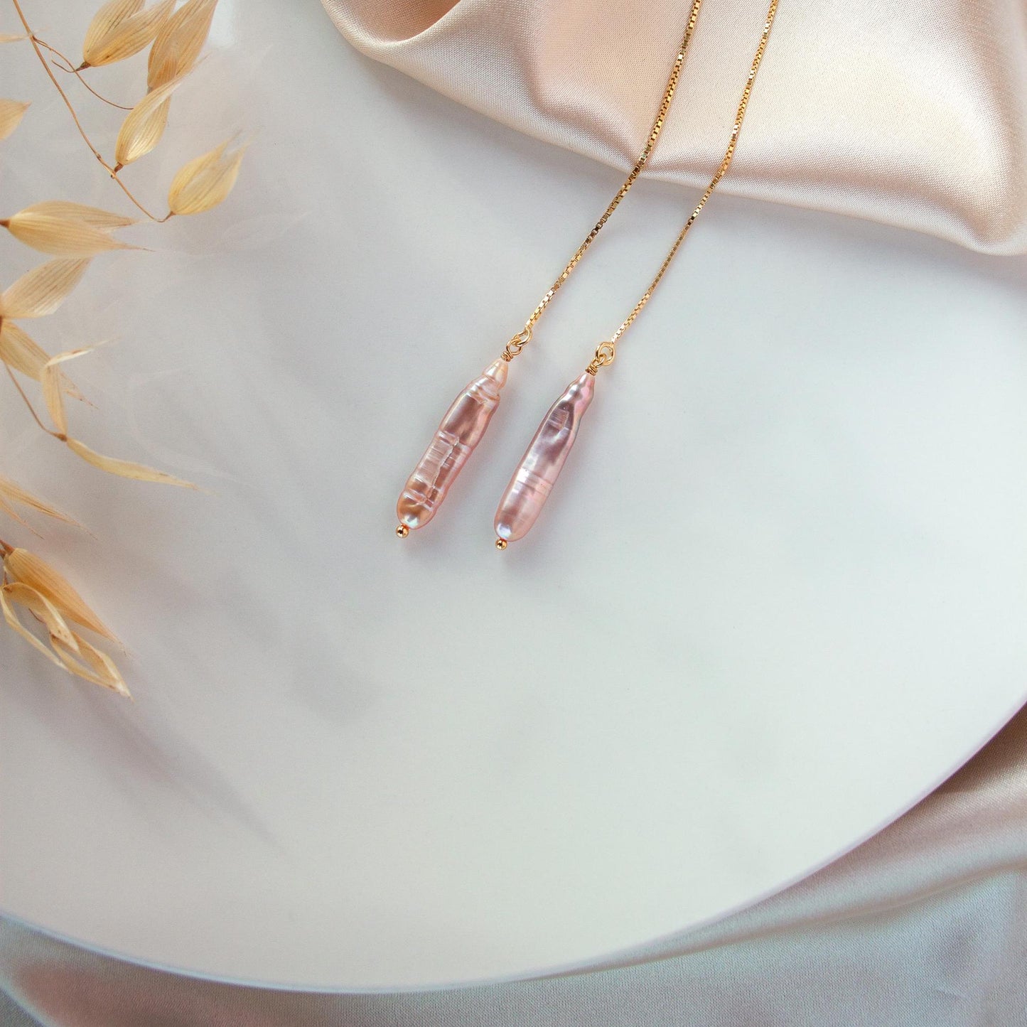 Pink Biwa Pearl Threader Earrings – Gold-Plated 925 Silver Chain, Elegant Dangle Jewelry, Gift for Her